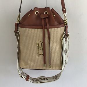Steve Madden BMayor natural/ brown crossbody bucket like bag/wide logo strap NWT